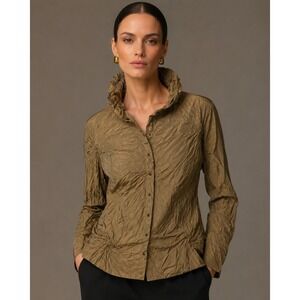 Babette Button Up Shirt Women Sz XL Golden Brown Crinkle Designer Statement